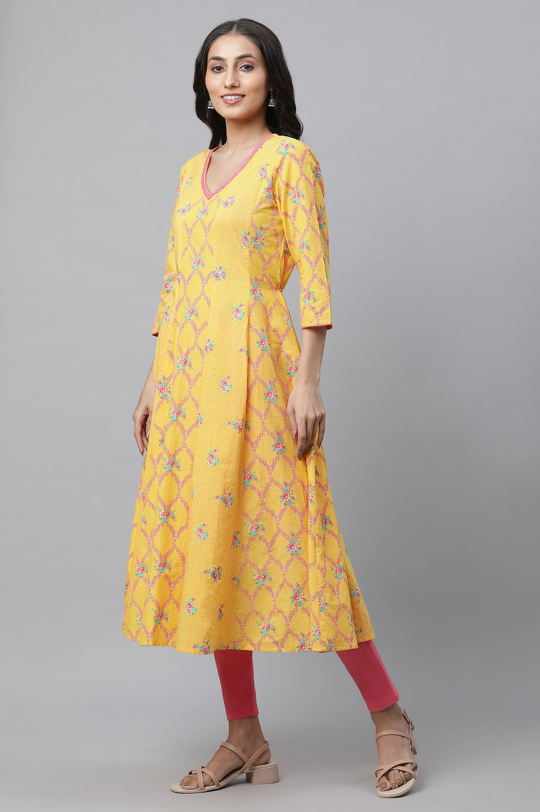 Yellow Floral Printed Anarkali Kurta