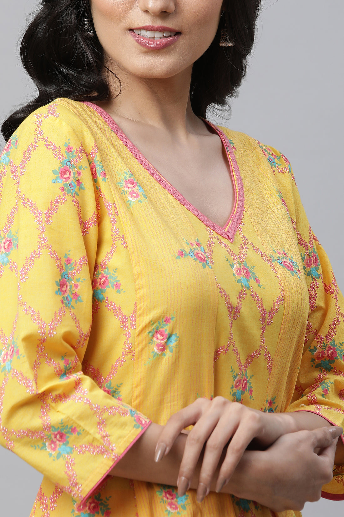 Yellow Floral Printed Anarkali Kurta