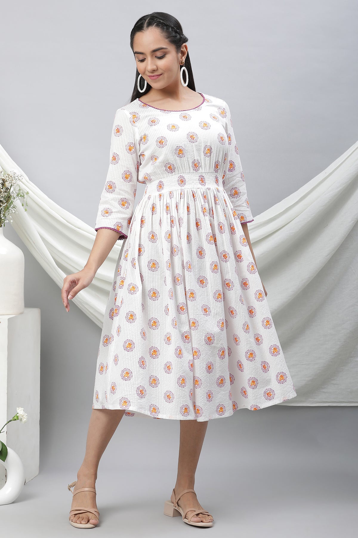 White Floral Printed Cotton Short Dress - XS