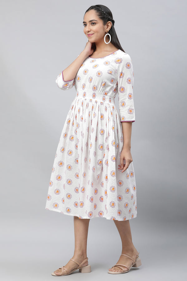 White Floral Printed Cotton Short Dress