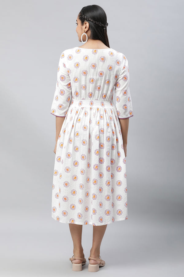 White Floral Printed Cotton Short Dress