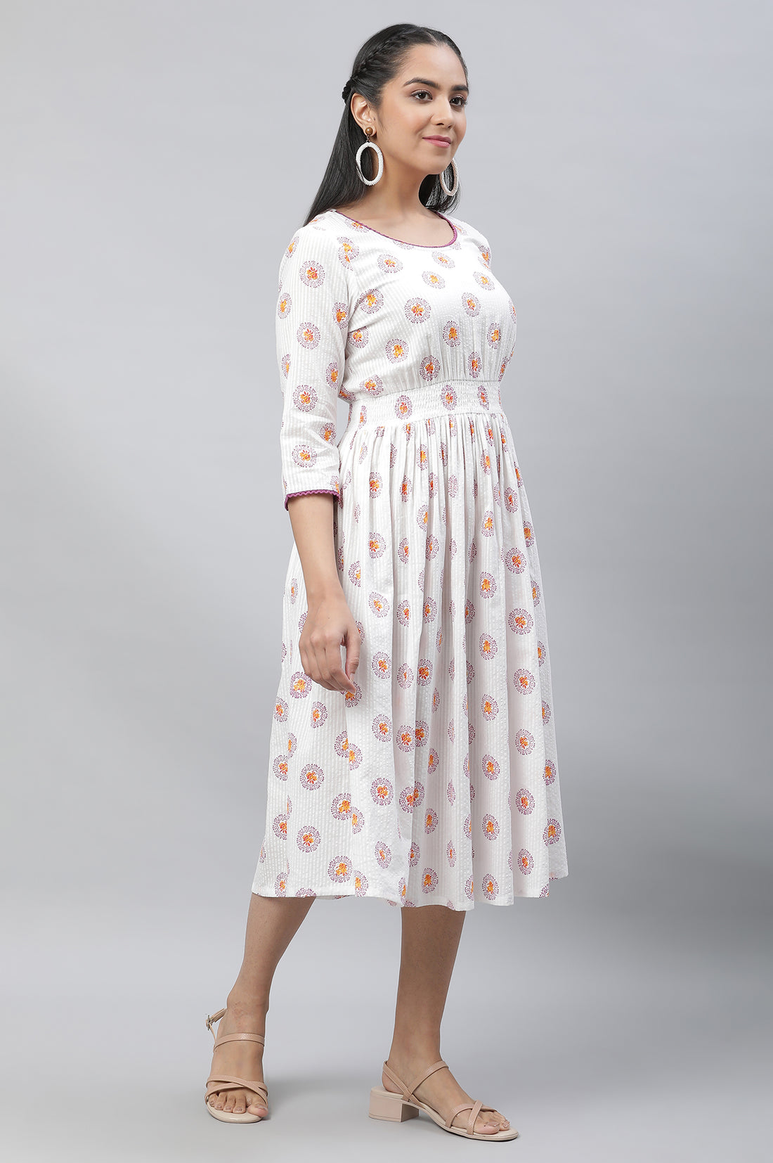 White Floral Printed Cotton Short Dress