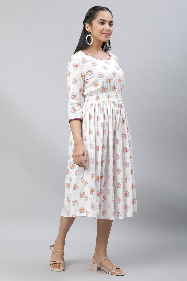 White Floral Printed Cotton Short Dress