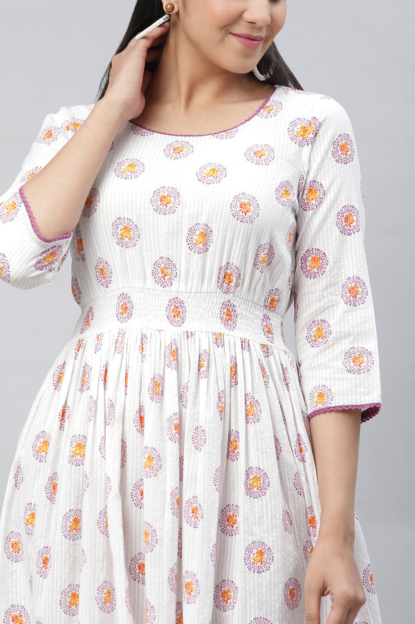 White Floral Printed Cotton Short Dress