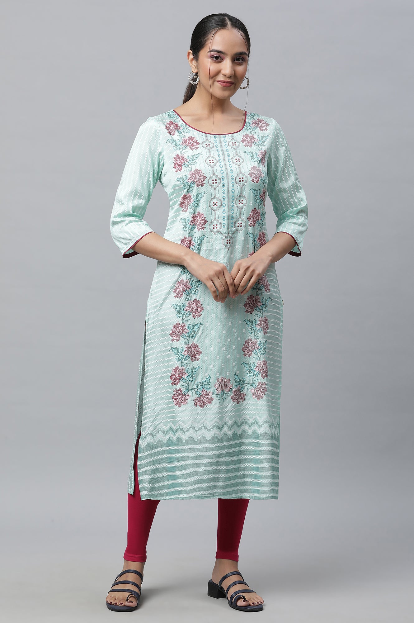 Green Printed Straight Kurta