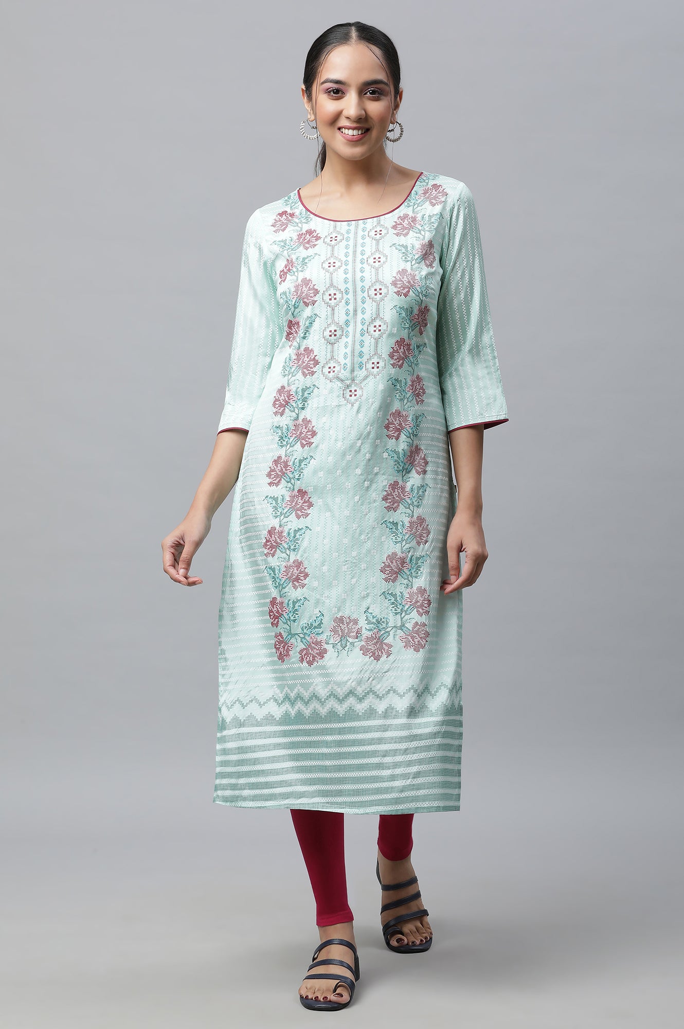 Green Printed Straight Kurta