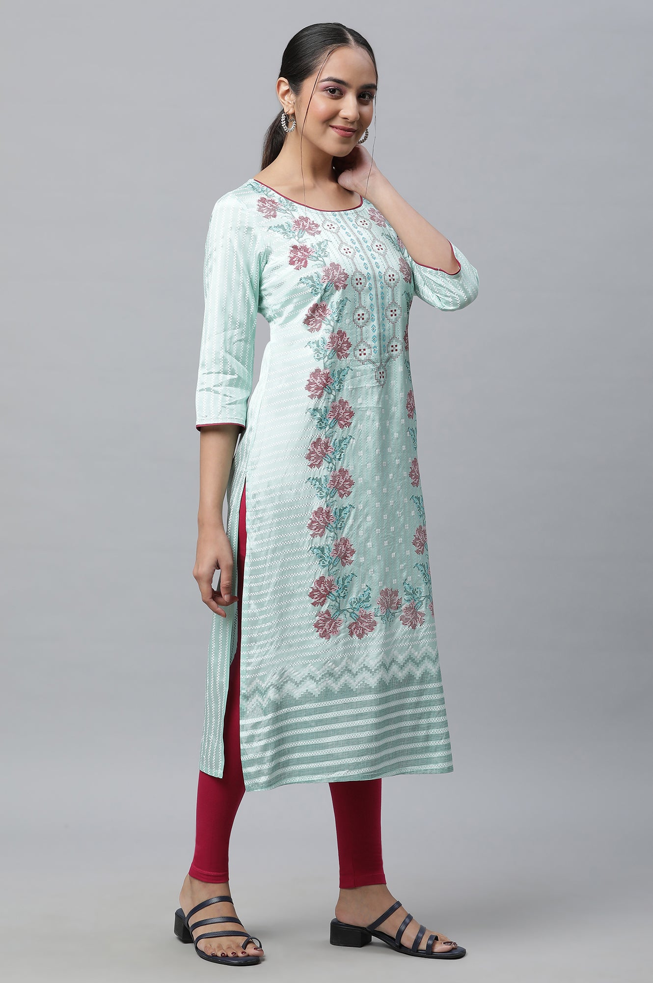 Green Printed Straight Kurta