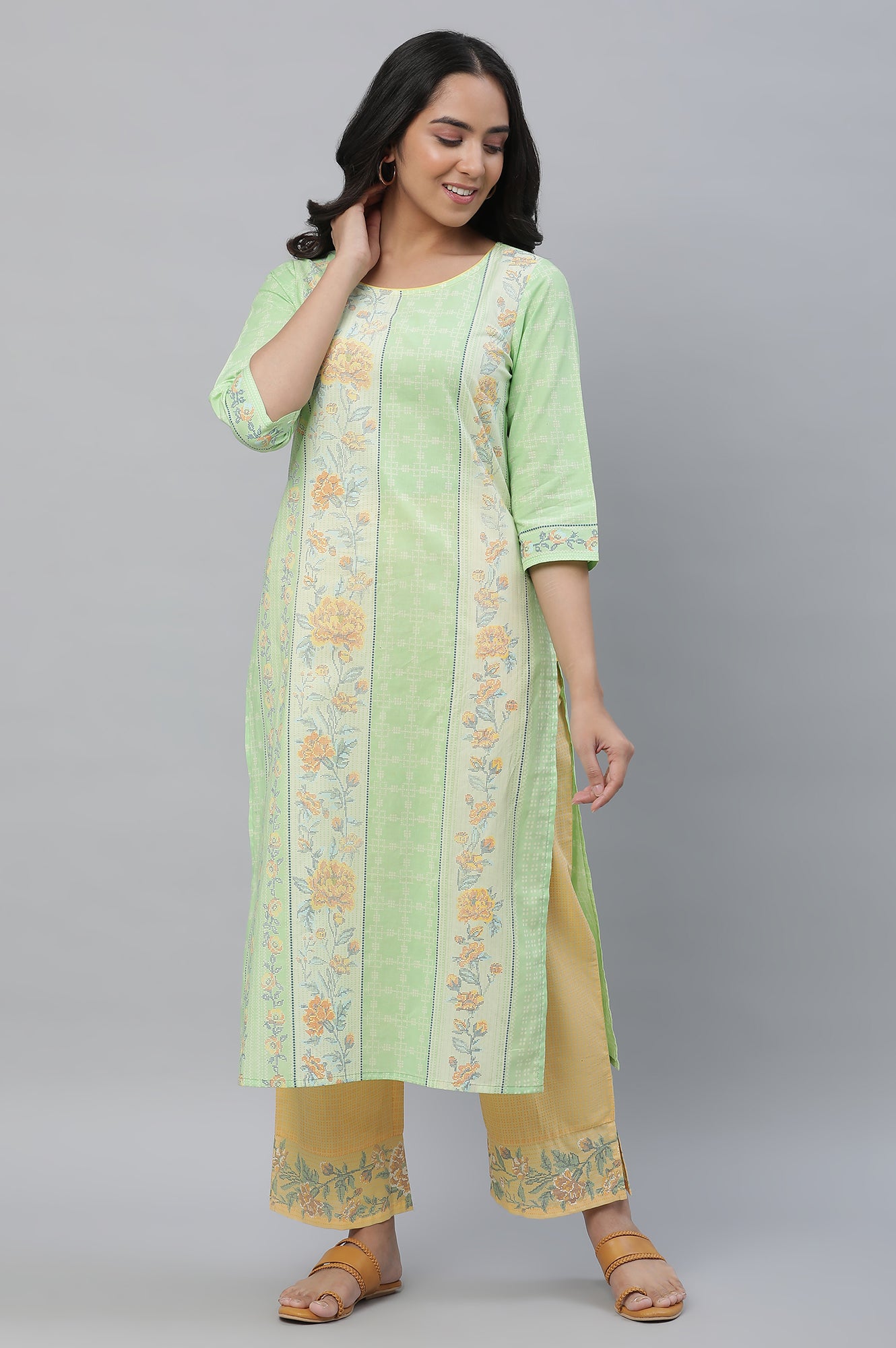 Green Floral Printed Cotton Kurta