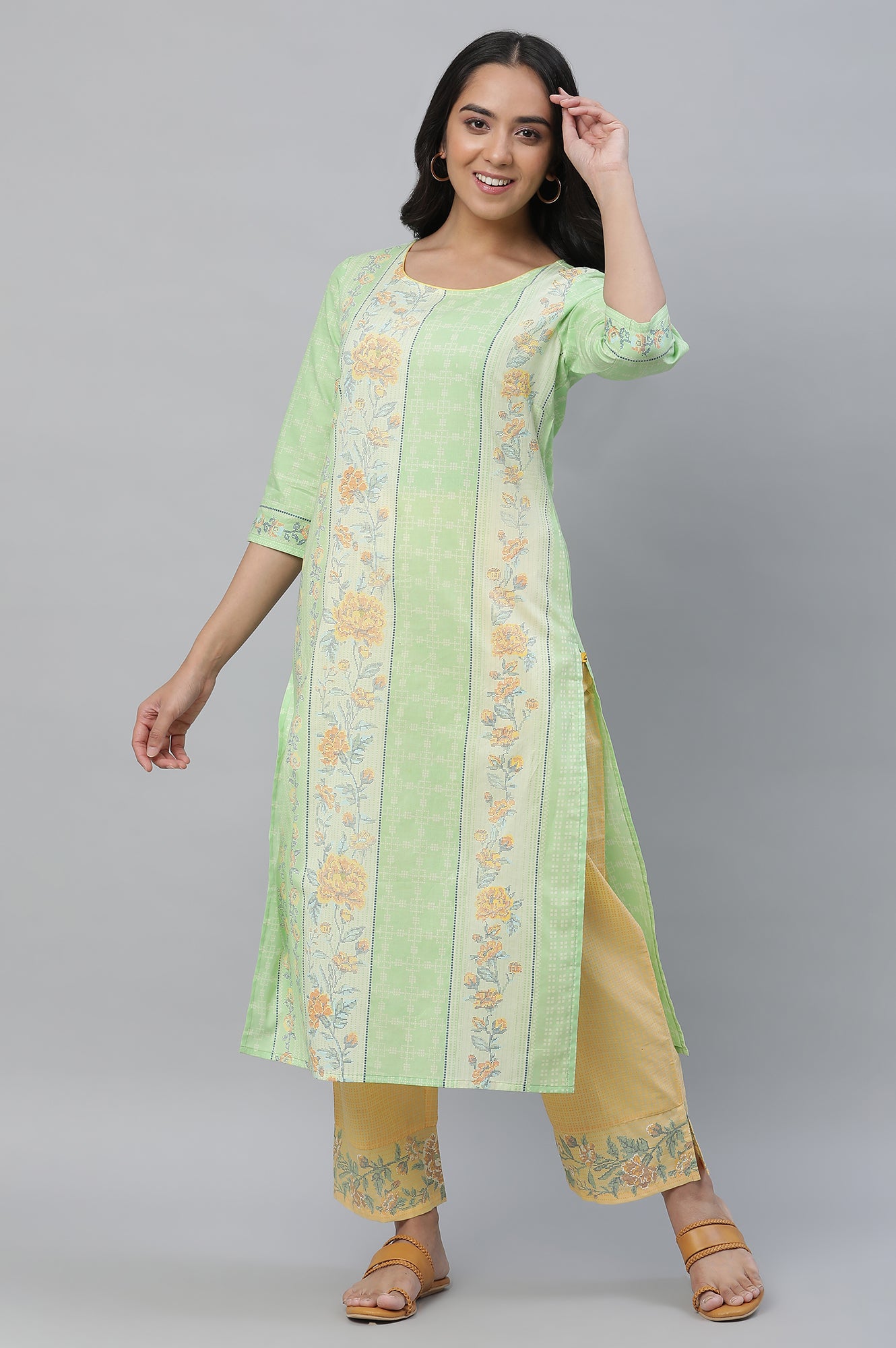 Green Floral Printed Cotton Kurta