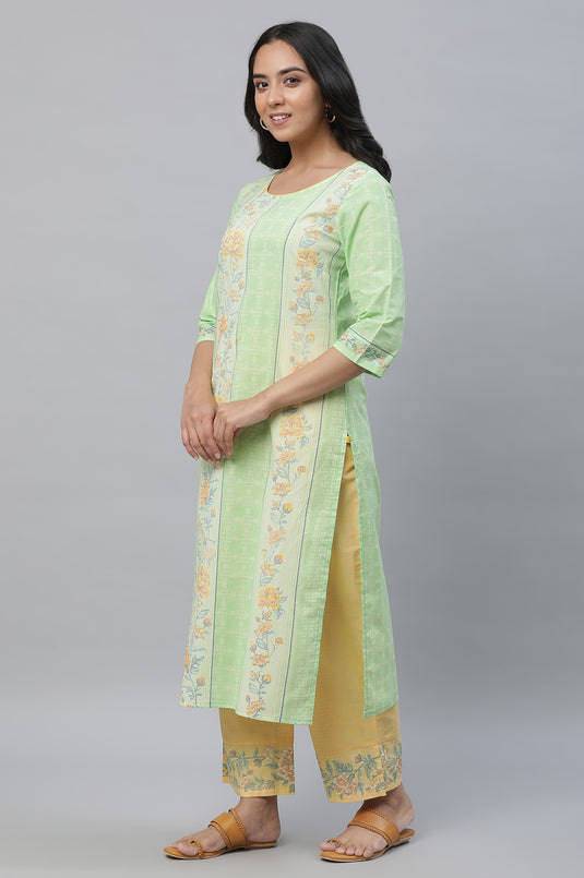 Green Floral Printed Cotton Lurex Straight Kurta