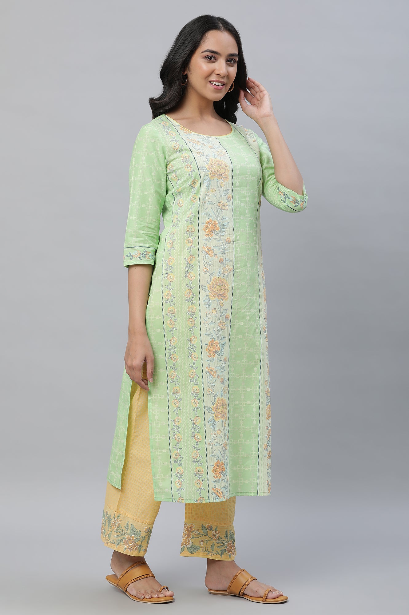 Green Floral Printed Cotton Kurta