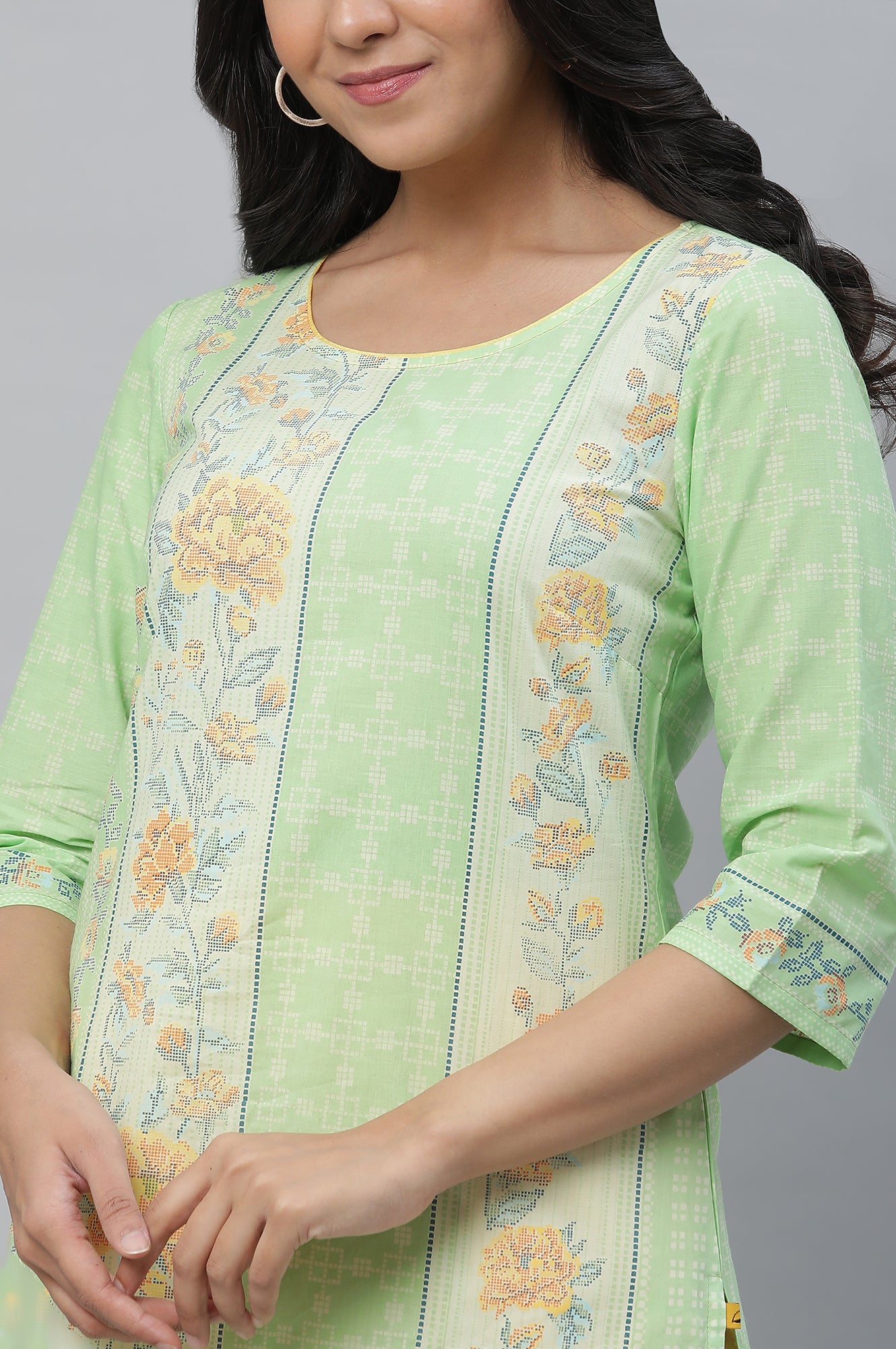 Green Floral Printed Cotton Kurta