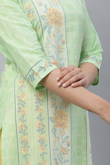 Green Floral Printed Cotton Kurta