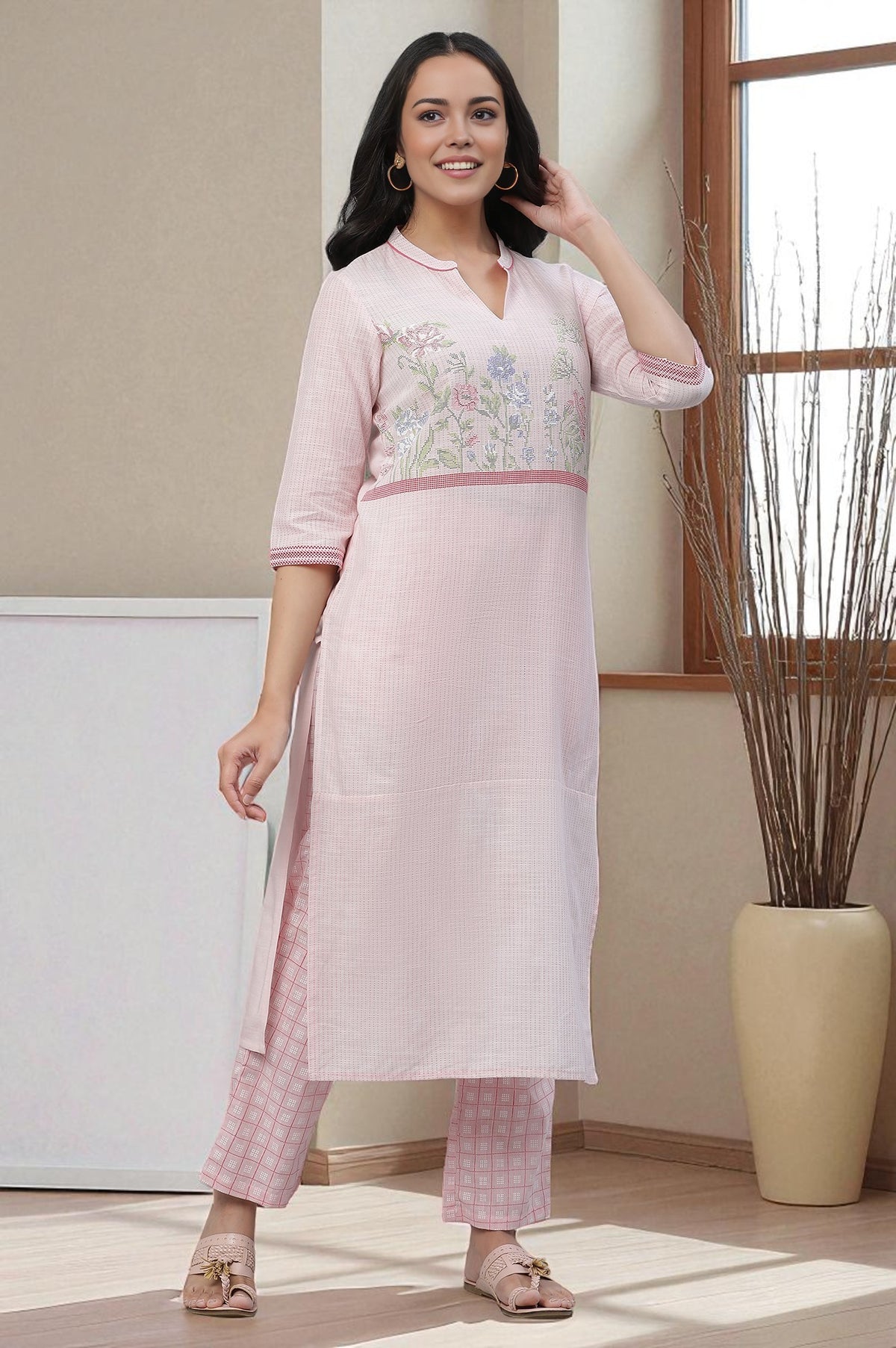 Pink Floral Printed Rayon Straight Casual Kurta - XS