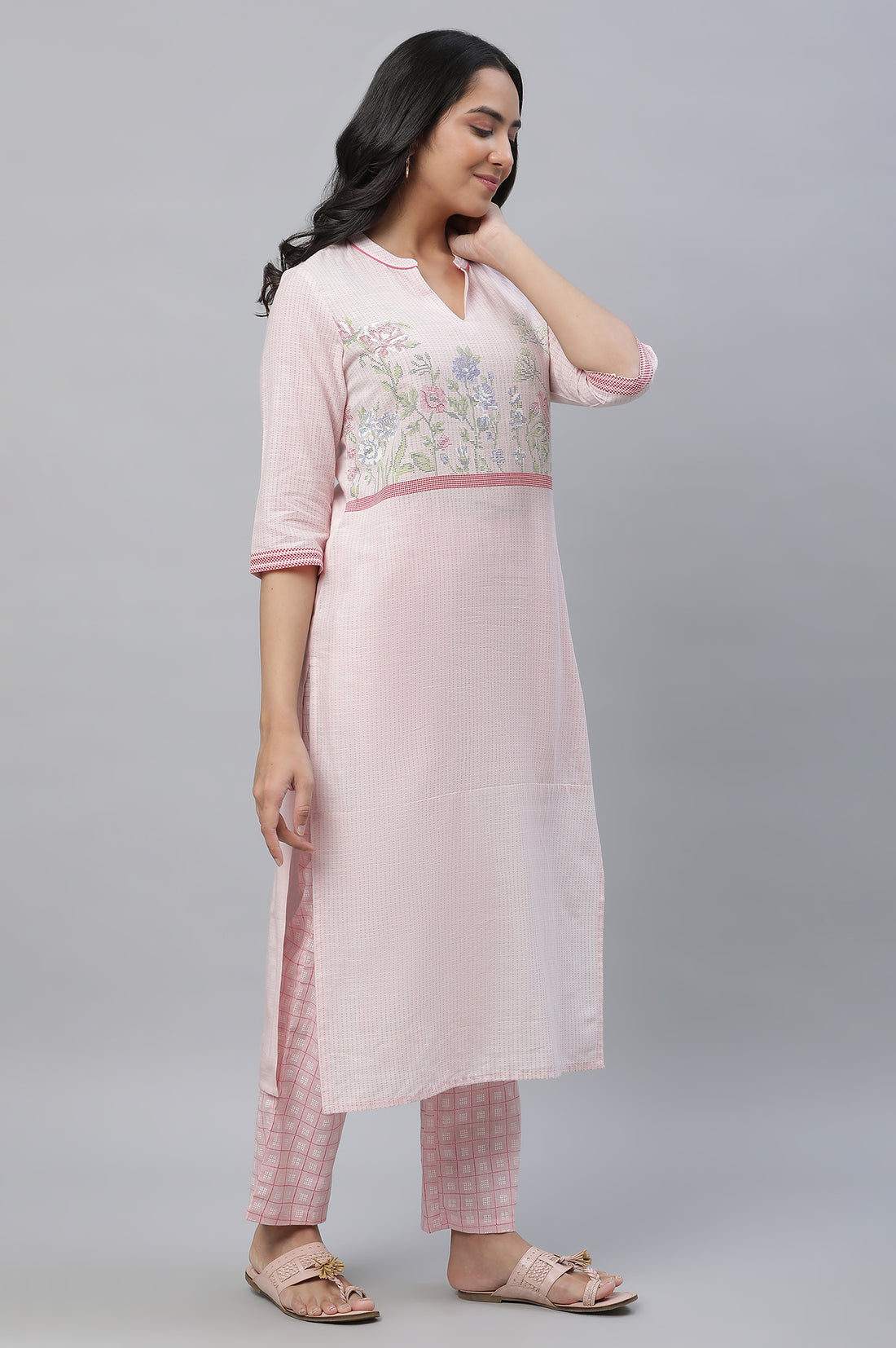 Pink Floral Printed Rayon Straight Casual Kurta