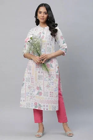 White Floral Printed Cotton Blend Kurta