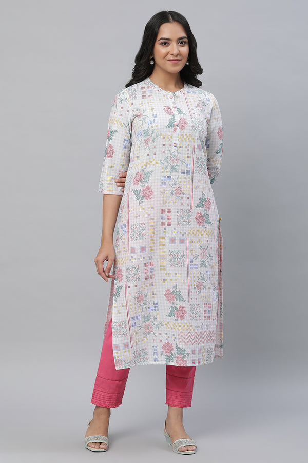 White Floral Printed Cotton Blend Kurta