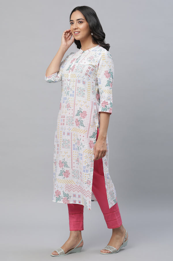 White Floral Printed Cotton Blend Kurta