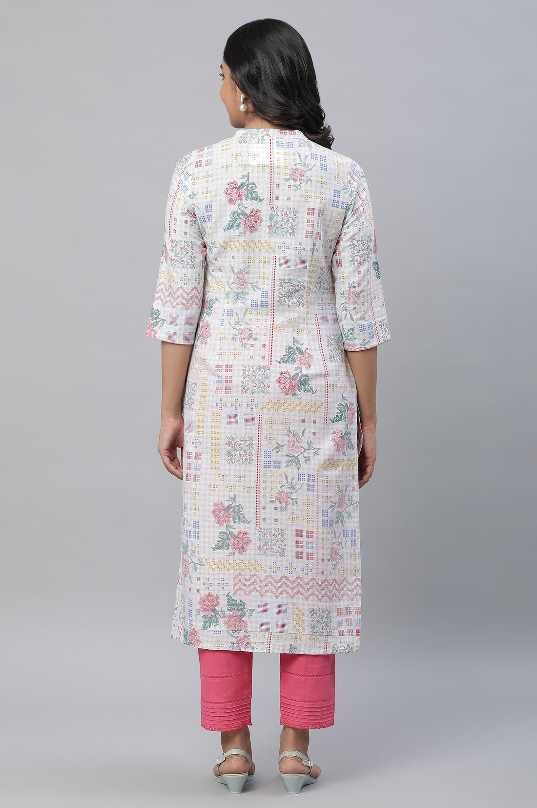 White Floral Printed Cotton Blend Kurta
