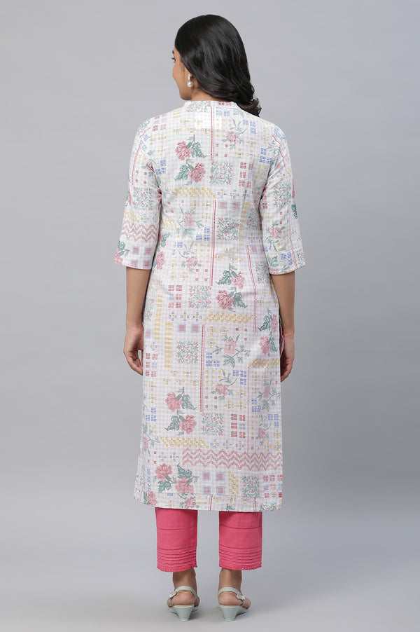 White Floral Printed Cotton Blend Kurta