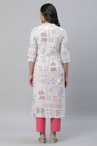 White Floral Printed Cotton Blend Kurta