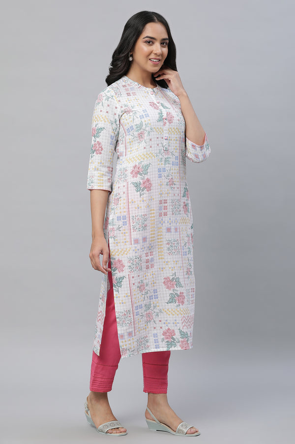 White Floral Printed Cotton Blend Kurta