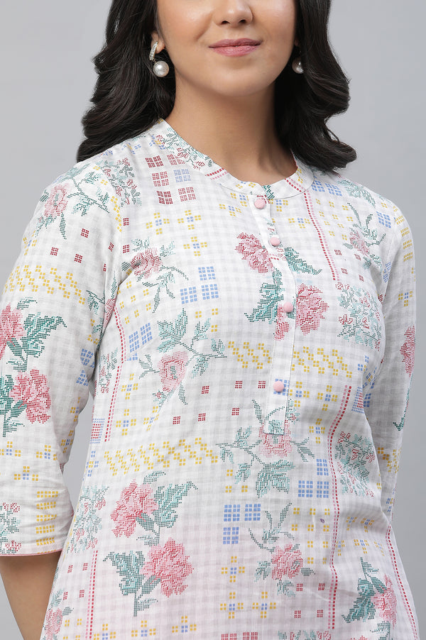 White Floral Printed Cotton Blend Kurta