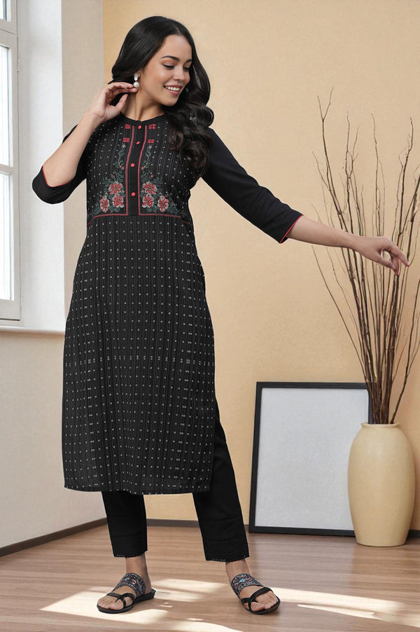 Black Yoke Printed Cotton Blend Straight Kurta