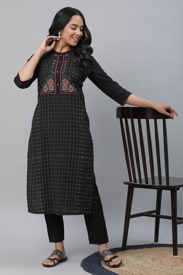 Black Yoke Printed Cotton Blend Straight Kurta