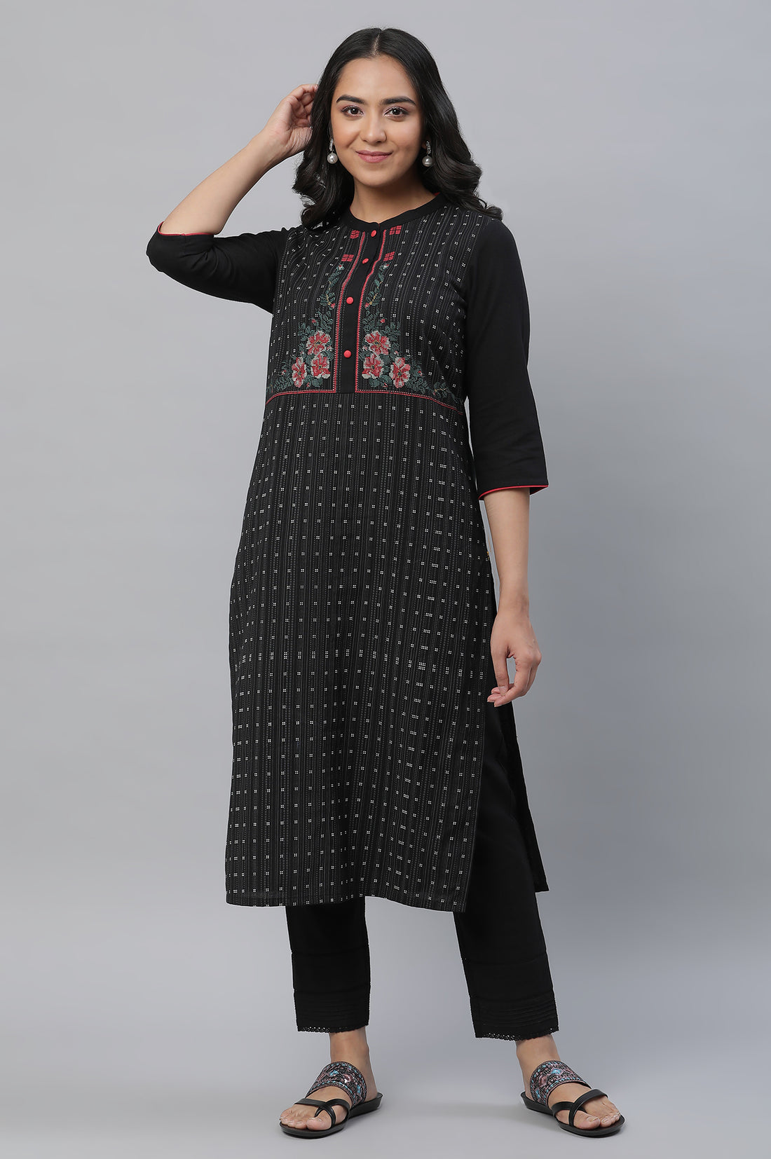 Black Yoke Printed Cotton Blend Straight Kurta
