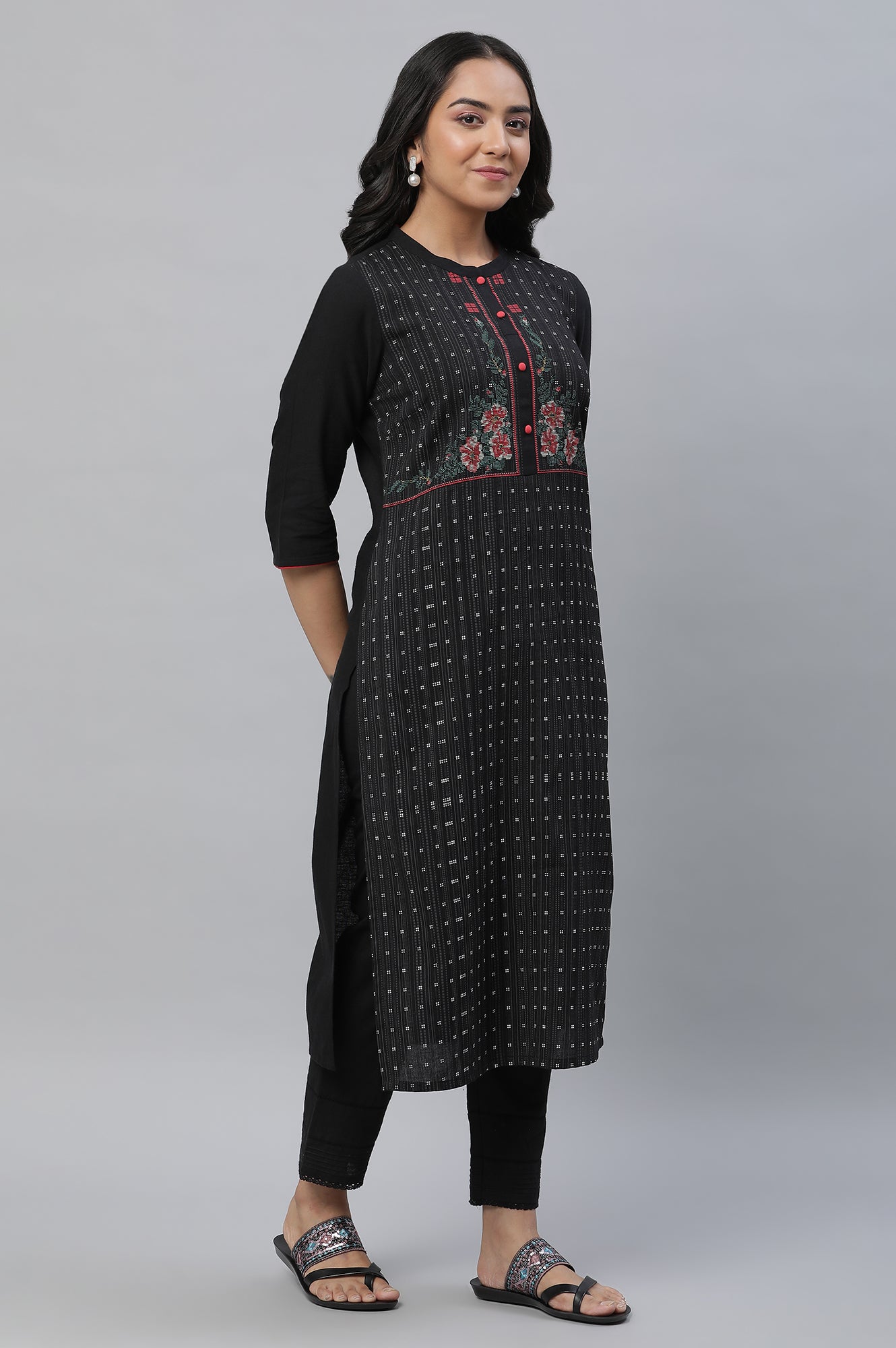 Black Yoke Printed Cotton Blend Kurta