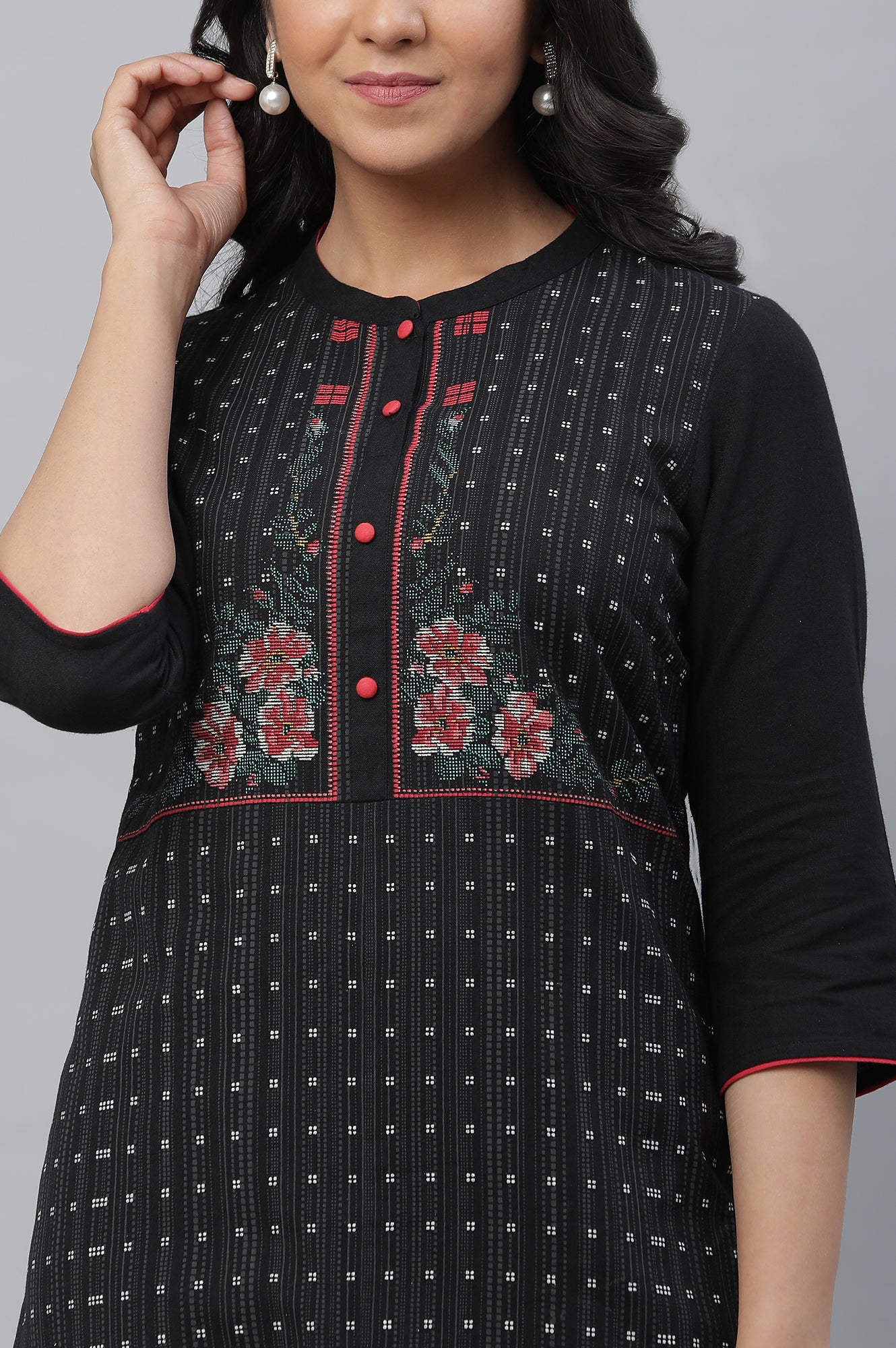 Black Yoke Printed Cotton Blend Kurta