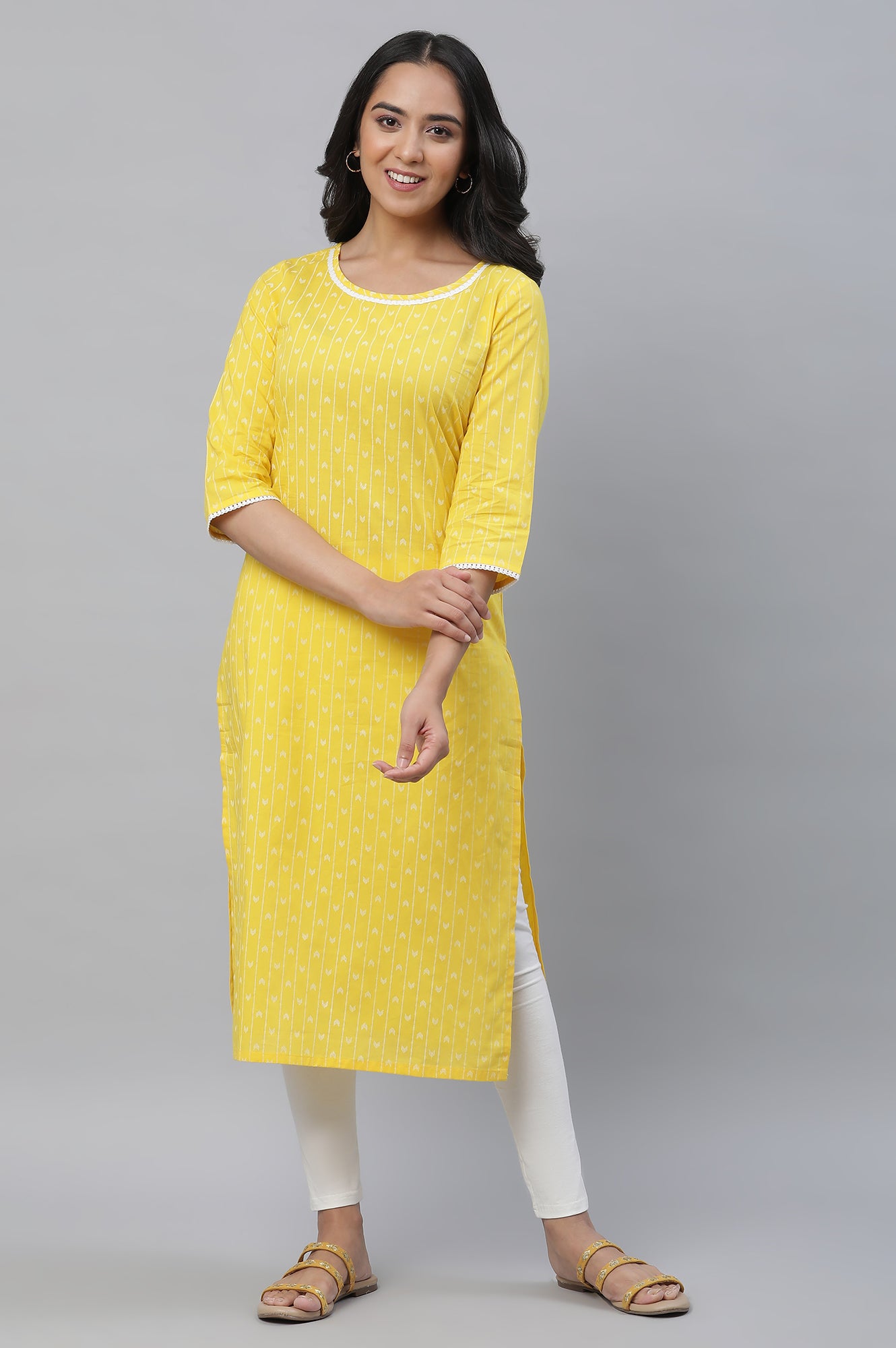 Yellow Printed Straight Kurta