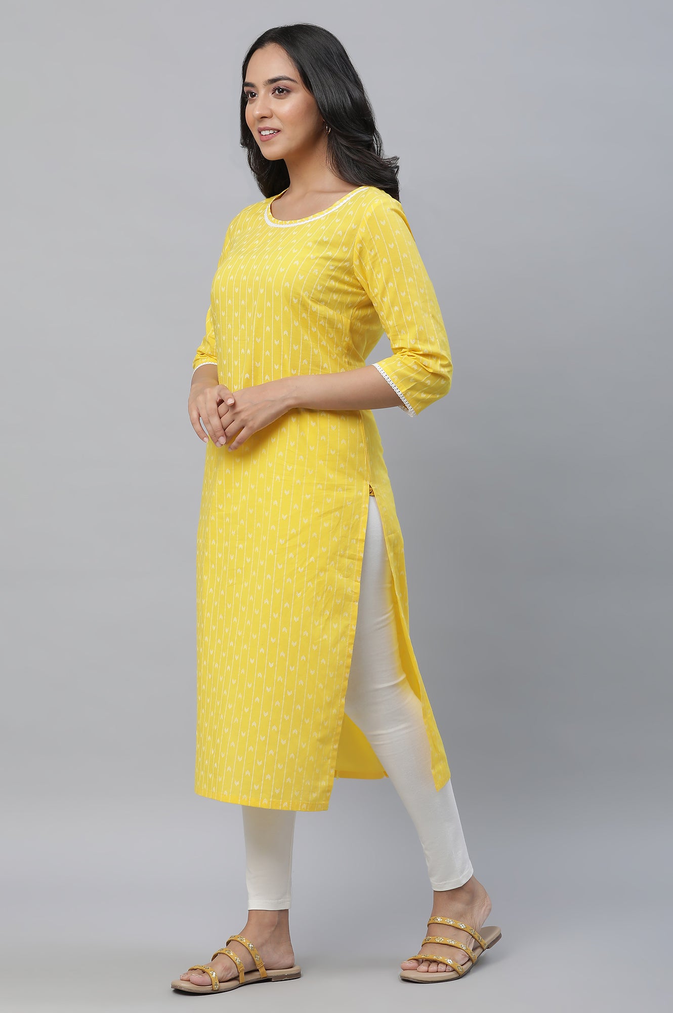 Yellow Printed Straight Kurta