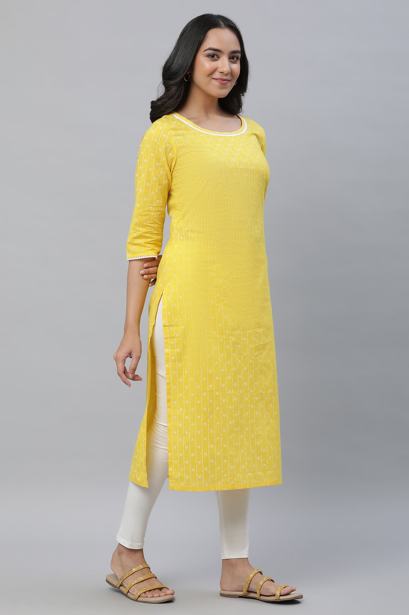 Yellow Printed Straight Kurta