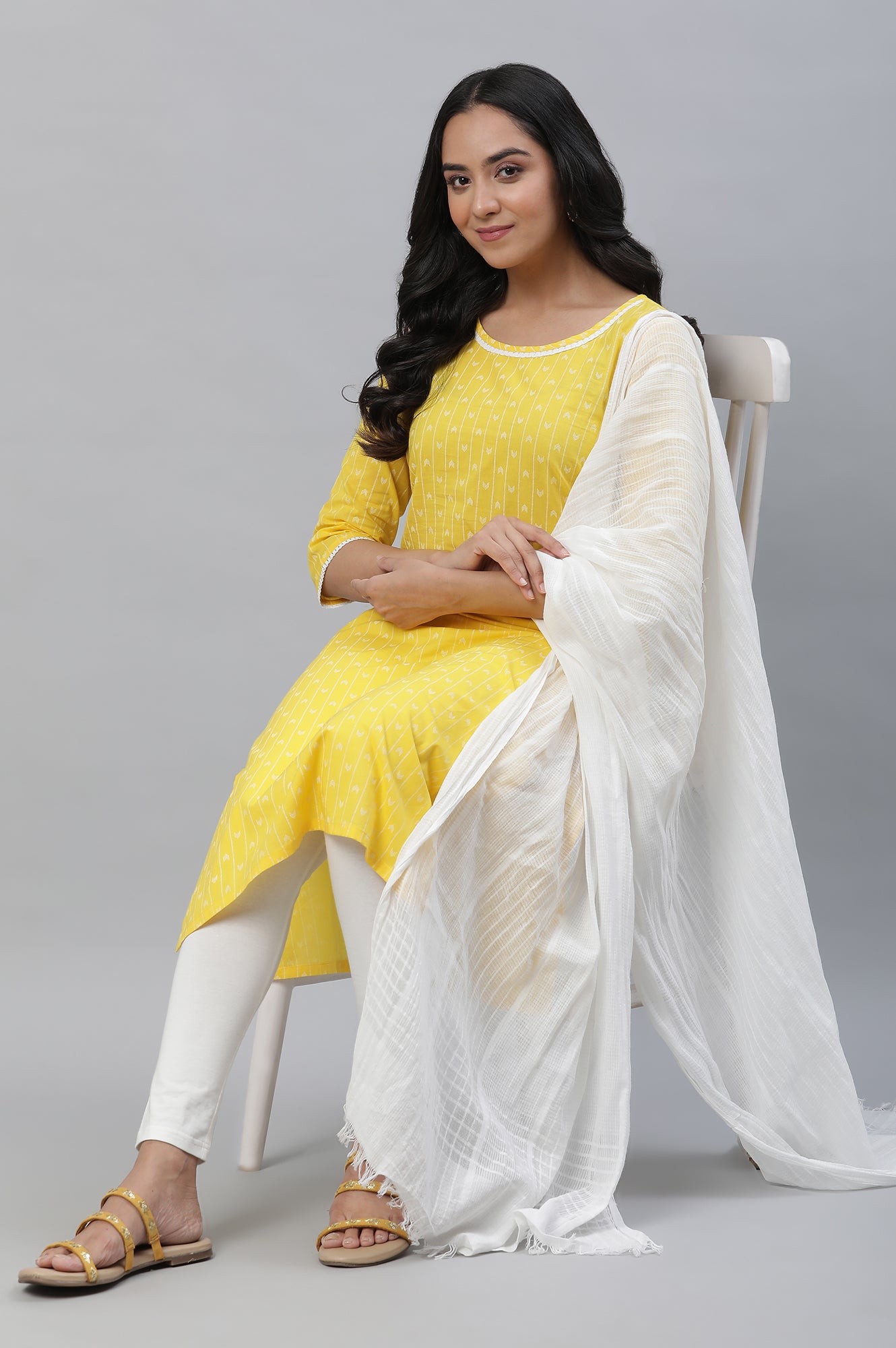 Yellow Printed Straight Kurta