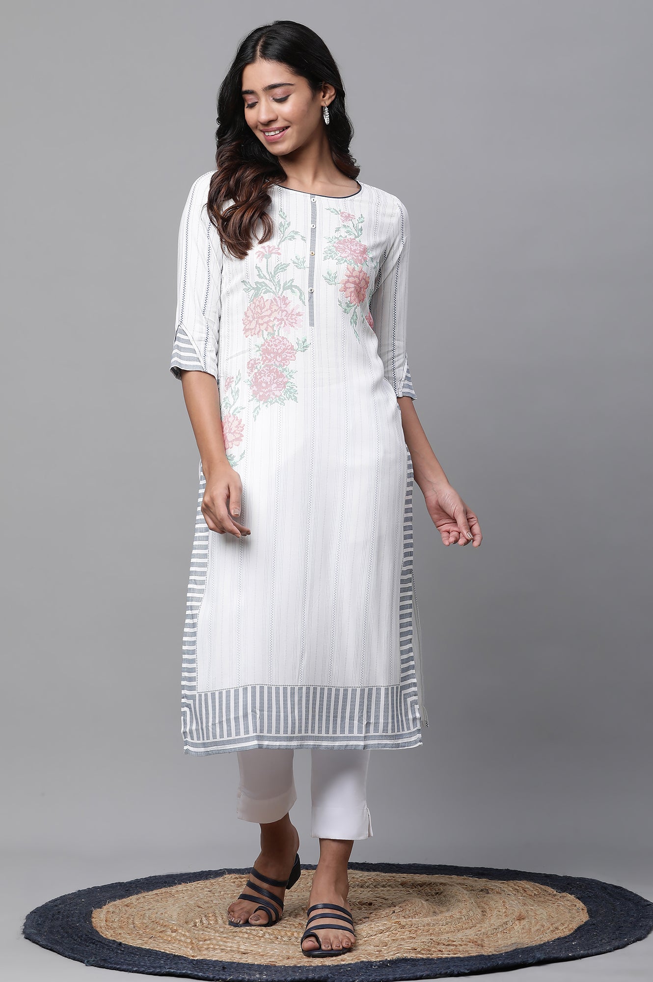 White Printed Casual Kurta