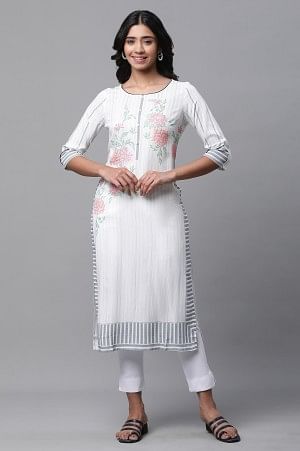 White Printed Casual Kurta