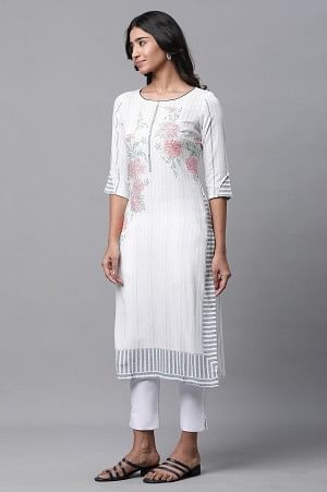 White Printed Casual Kurta