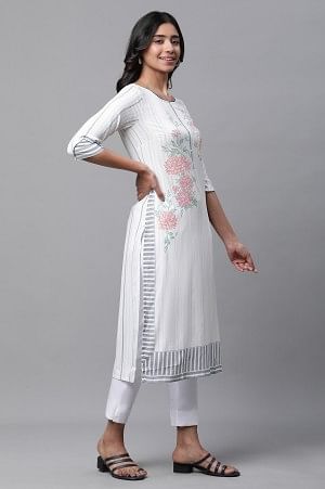 White Printed Casual Kurta