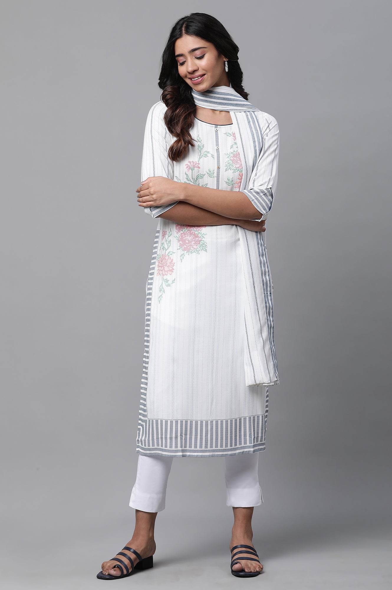 White Printed Casual Kurta