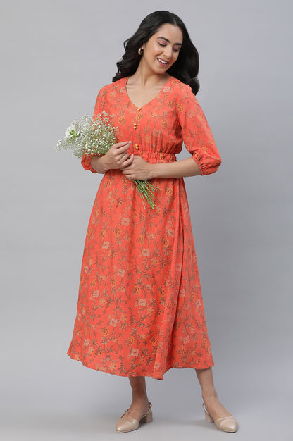 Orange Floral Printed Gathered Dress