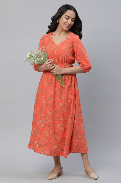 Orange Floral Printed Gathered Dress