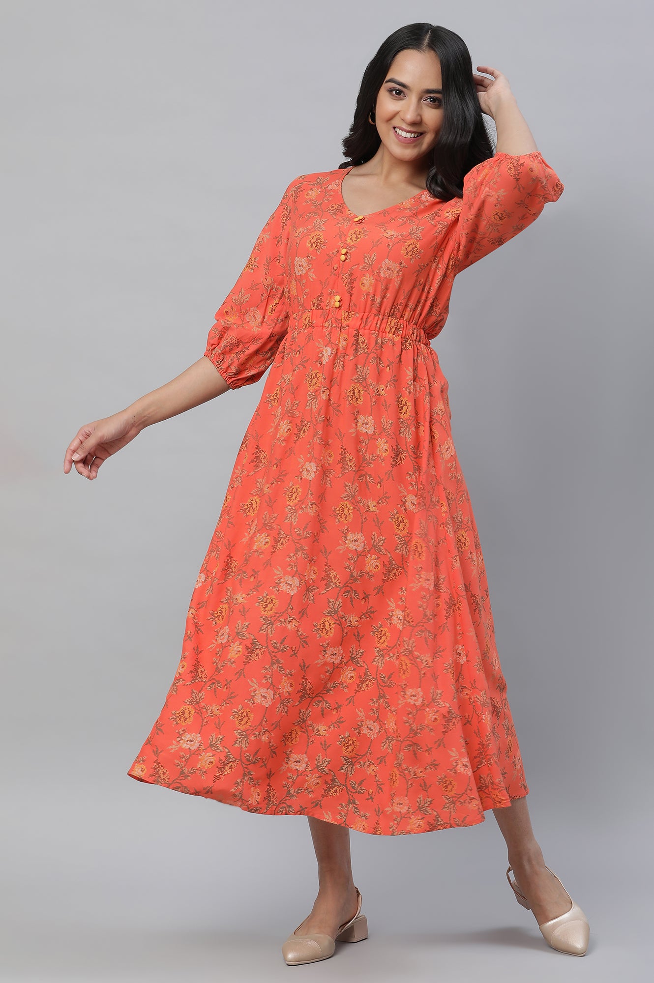 Orange Floral Printed Gathered Dress