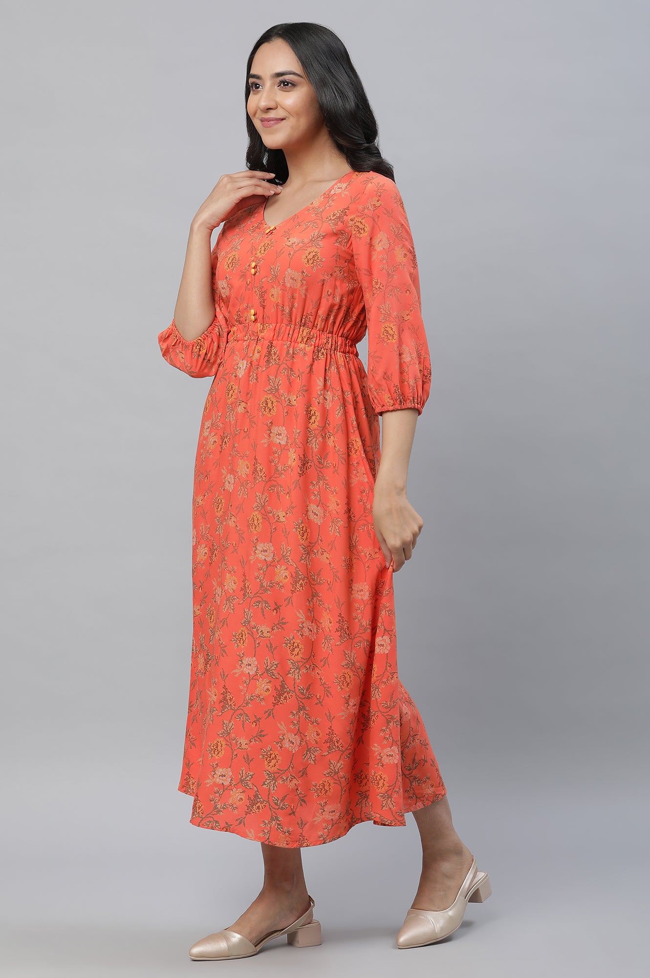 Orange Floral Printed Gathered Dress