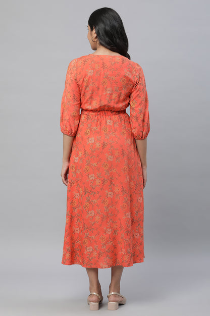 Orange Floral Printed Gathered Dress