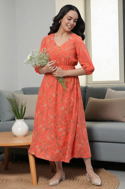 Orange Floral Printed Gathered Dress