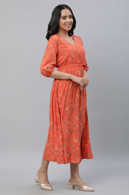 Orange Floral Printed Gathered Dress