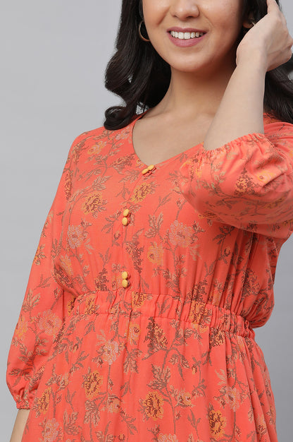 Orange Floral Printed Gathered Dress