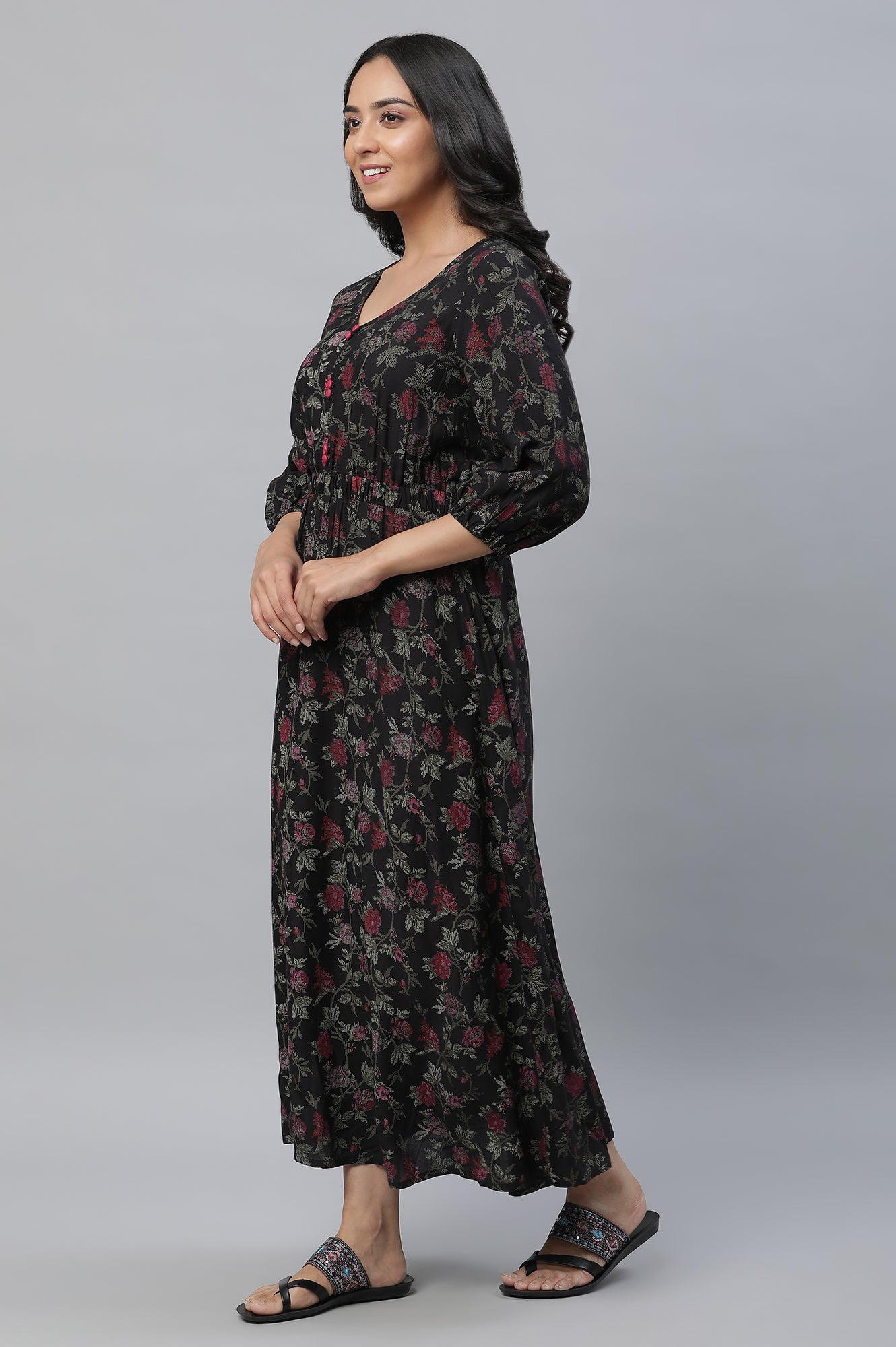 Black Floral Printed Gathered Dress